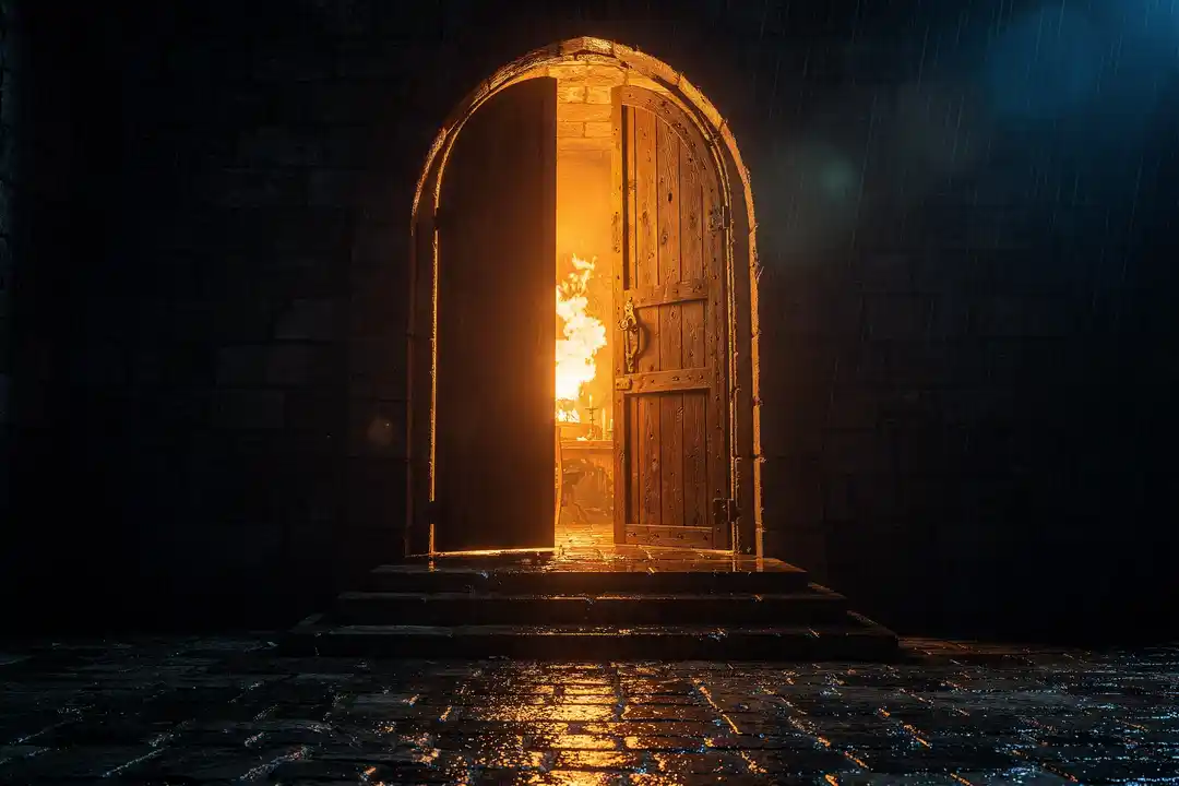An open church doorway leading toward a warm, candlelit room — illustration
