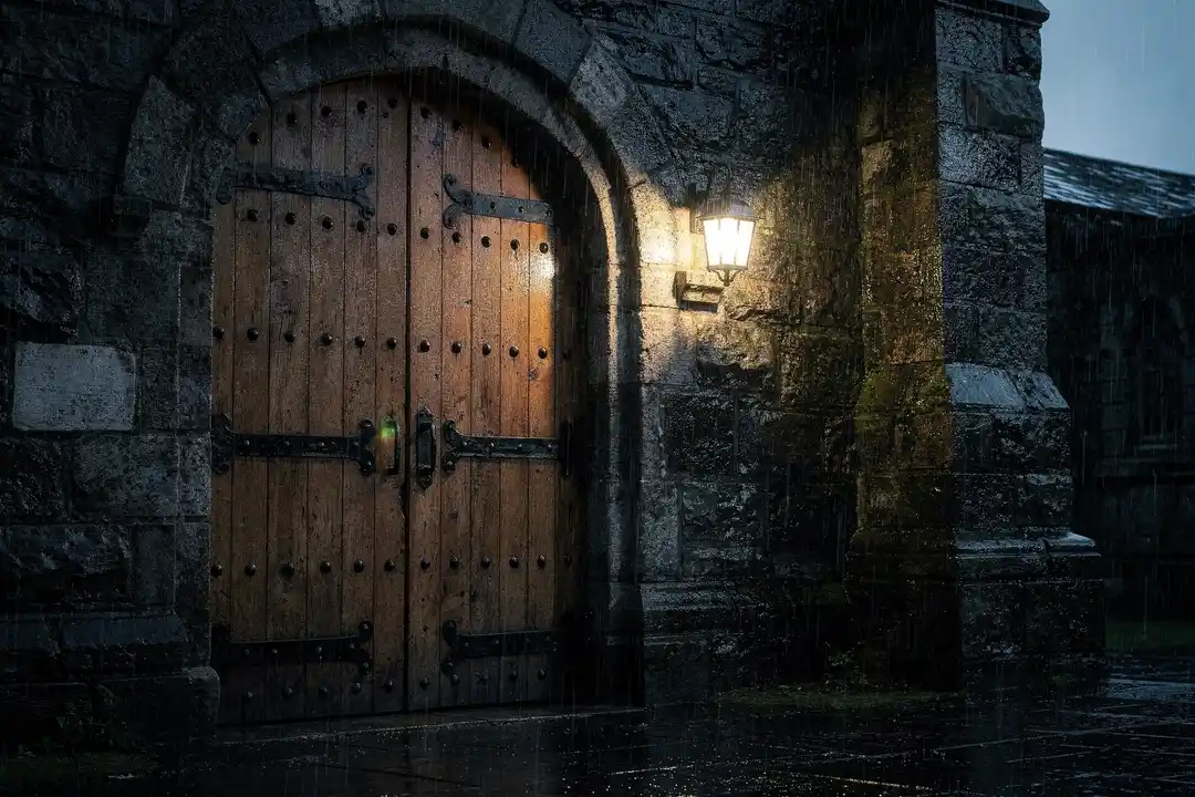 A weathered medieval church door in the rain, lantern lit — illustration