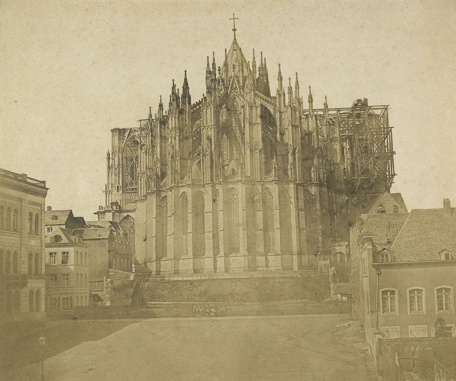 Cologne Cathedral in 1855, unfinished, the medieval crane still on the tower