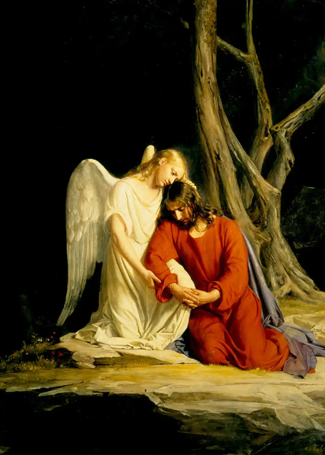 Christ at Gethsemane — Christ in prayer, an angel strengthening Him