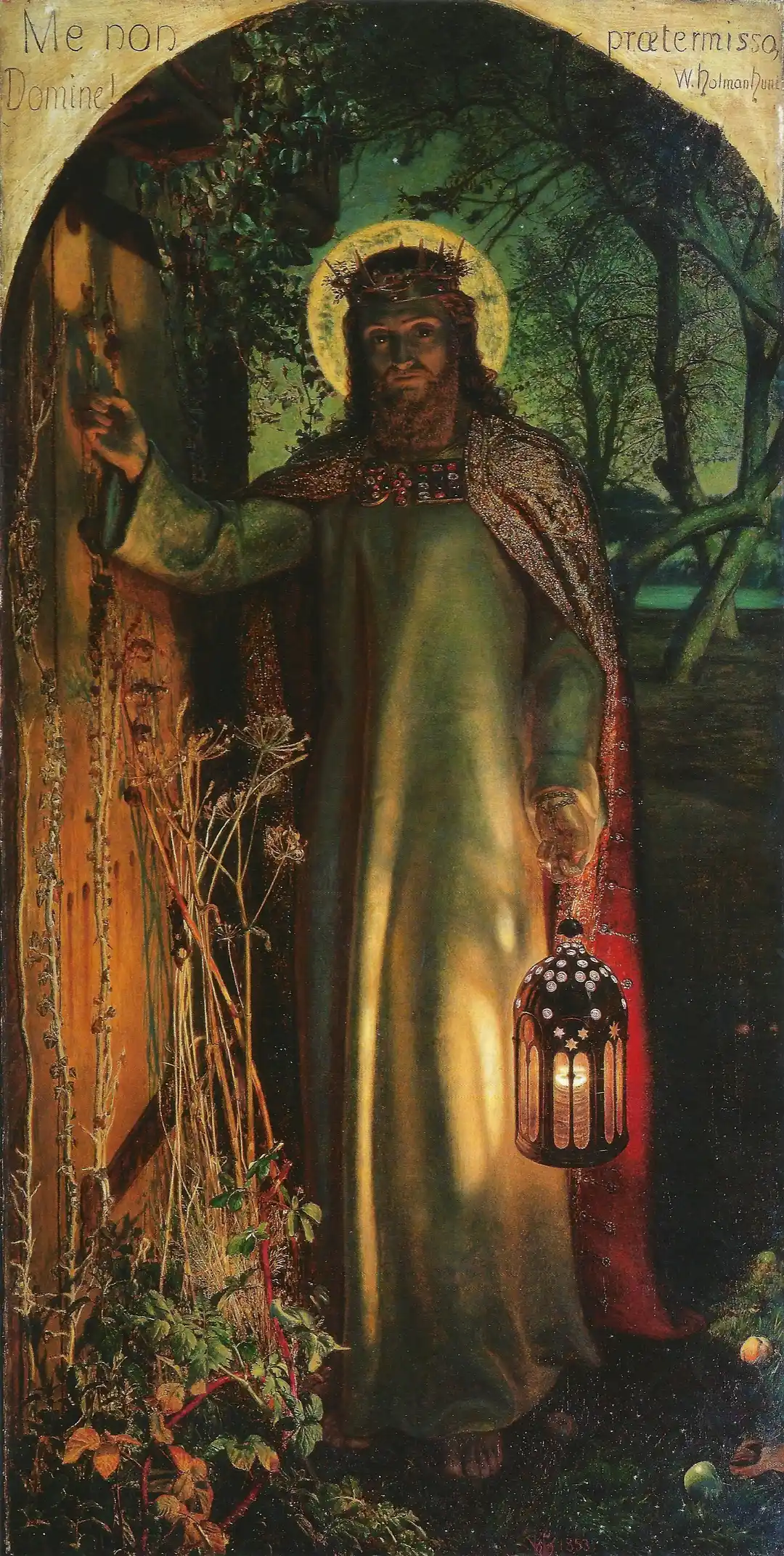 Christ knocking at an overgrown door, lantern in hand, thorned crown lit like a halo